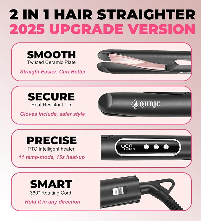 Hair Straightener and Curler - Flat Iron Curling Iron in One - Twist Straightening Curling Iron Combo - Digital LCD Display &amp Dual Voltage - Multi-Styler - Gifts for Women