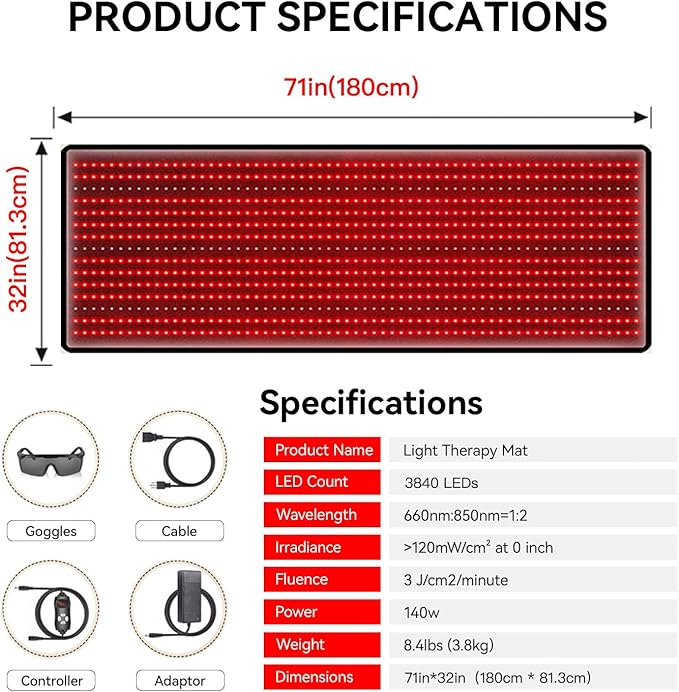 Megelin Red Light Therapy Mat for Whole Body 3840pcs LED 660nm and 850nm Infrared Light Therapy Device71''x 32''Large Home Laying Red Light Heating Pad for Whole Full Body Pain Relief