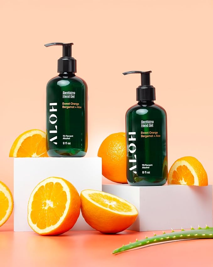 ALŌH Sanitizing Hand Gel 2-pack | Sweet Orange Bergamot + Aloe | 70% Alcohol Hydrating Hand Sanitizer Gel with Essential Oil for Kids &amp Adults | 8oz Bottle (Set of 2)
