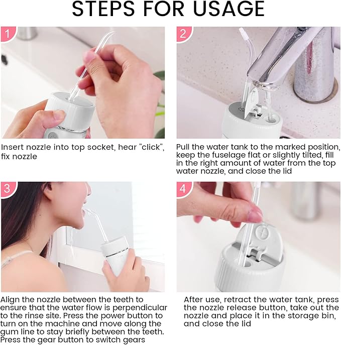 Electric Water Flosser Cordless Slide Dental Oral Irrigator with 4 Modes &amp Replaceable Jet Tips Portable Pull-Out Rechargeable Waterproof Teeth Cleaner for Home Travel (White)