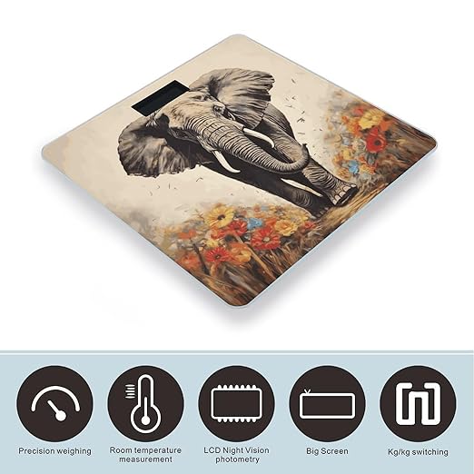 Elephant Painting Scale for Body Weight Anti-Slip Sturdy Tempered Glass Weighing Machine Highly Digital Accurate Bright LCD Bathroom Scale for Household Gift