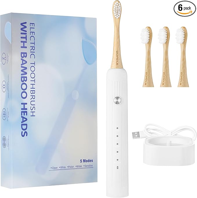 Bamboo Electric Toothbrush for Adults Electric Toothbrush with 4 Bamboo Heads Soft Castor Oil Bristles 5 Modes Smart Timer Sonic Technology IPX7 Waterproof 70-Day Battery Life-White