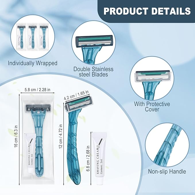 Disposable Razors Bulk Blue Razors Individually Wrapped Bulk With Shaving Cream For Hotels Shelters Homeless Nursing Homes Charities Churches (100-PACK)