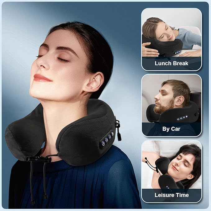 Electric Neck MassagerPortable Heated Kneading Massage Cushion PillowRechargeable Shoulder Neck U-Shaped Massage Shiatsufor Pain Relief at HomeCarOfficeTravel(Black)