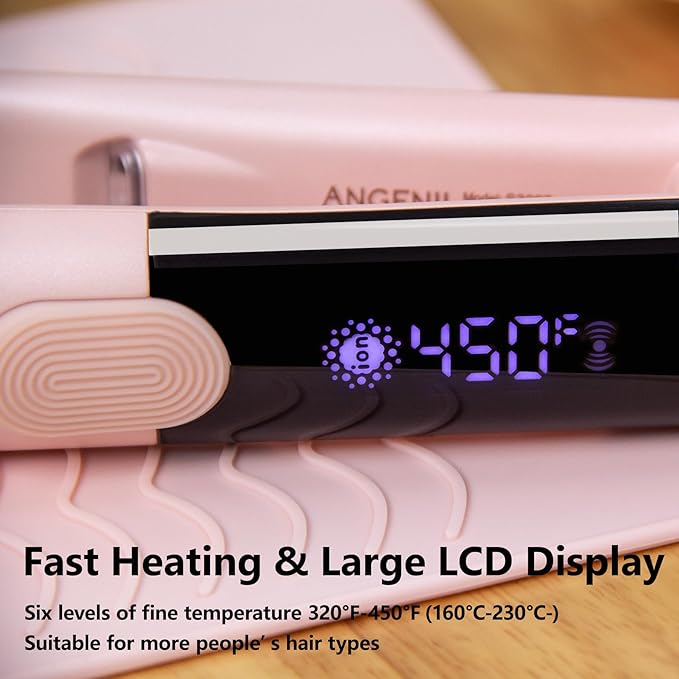 ANGENIL Pro Round Pink Dual Voltage Hair Straightener Irons Titanium Flat Iron Hair Straightener and Curler 2 in 1 with Heat Resistant Silicone Mat Smoothness Large LCD Display 20S Fast Heat Up