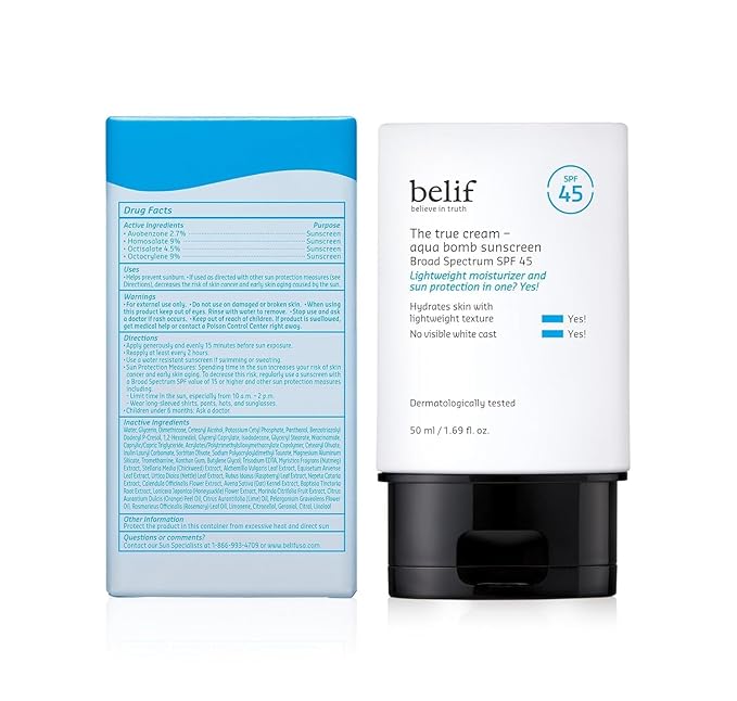 belif Aqua Bomb SPF 45 Hydrating Niacinamide Sunscreen (1.69 fl. oz) - The True Cream PA++++ Daily Broad Spectrum No White Cast Weightless &amp Invisible Non-Greasy Korean Skincare | Hydrating