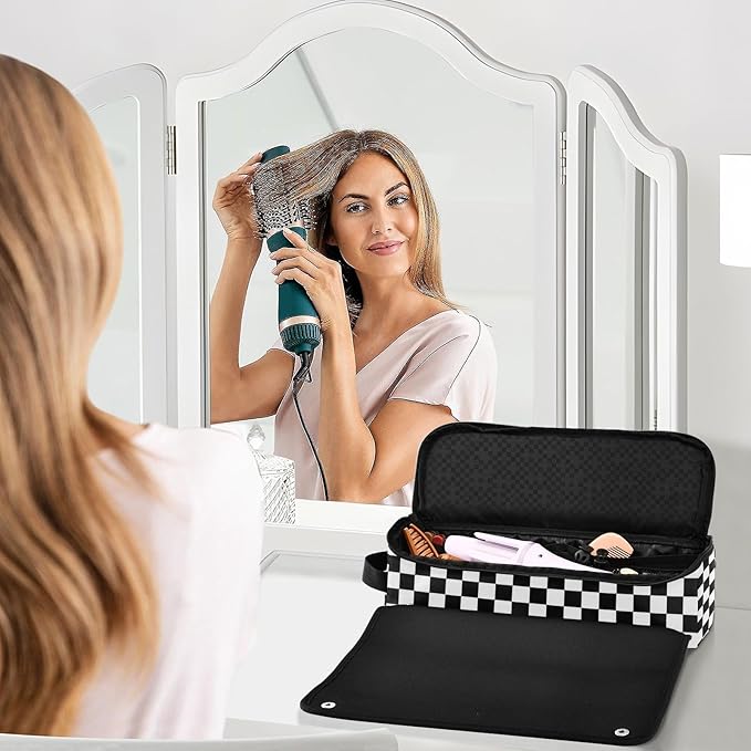 Hair Tools Travel Bag with Heat Resistant Mat Detachable 2-in-1 Curling Iron Travel Case Hot Tools Organizer for Straightener Flat Iron Checkered Black and White