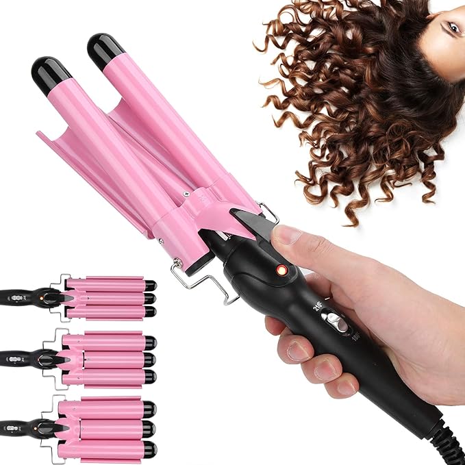 3 Barrel Hair Waver Adjustable Temperature Hair Crimper Heats up Quickly Crimping Iron for Hair Compatiable for All Hairstyles(US-pink28mm)