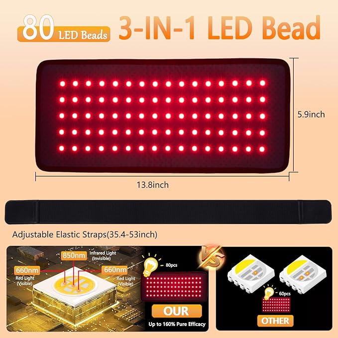 Red Light Therapy Belt for Body 2000mAh Rechargeable Cordless Portable Heating Light Therapy Pad with 660nm &amp 850nm Infrared Light for Back Knee Waist Hand Feet Shoulder Muscle Joint