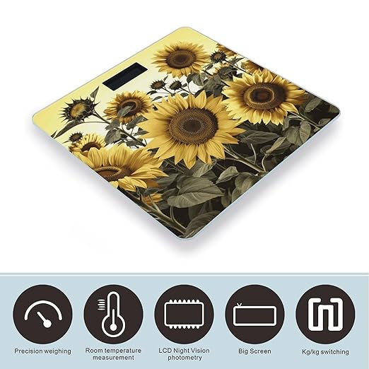 Yellow Sunflower Floral Scale with LCD Easy-to-Read Anti-Slip Weight Digital Bathroom Scale Precision Weighing Scales Sturdy Tempered Glass Body Weight Scales for Daily Use