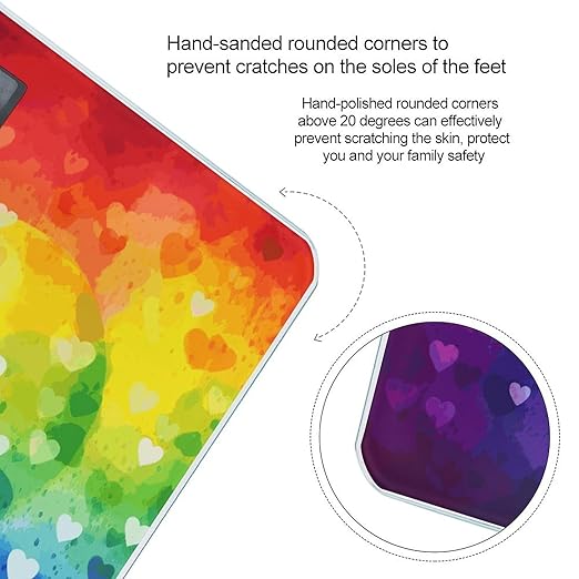 Colorful Rainbow Love Heart Scale for Body Weight Safe Rounded Corners Tempered Glass Digital Bathroom Scale LED Display 400lb Capacity Weight Scales with High Precision Sensors