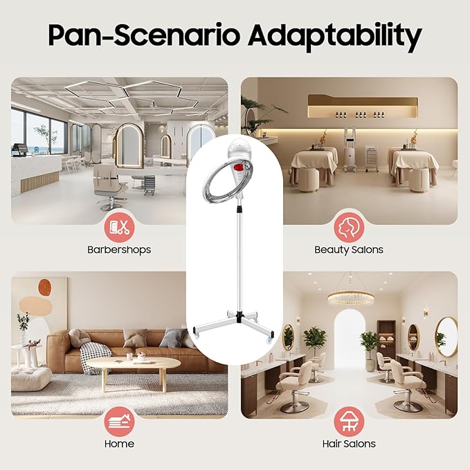 Vertical Hair Dryer wirh Wheel Professional Infrared Standing Hair Color Processor 360° Rotation Salon Standing Hair Dryer Heater with Height Time Adjustment LCD Screen for Home Salon (Whit)