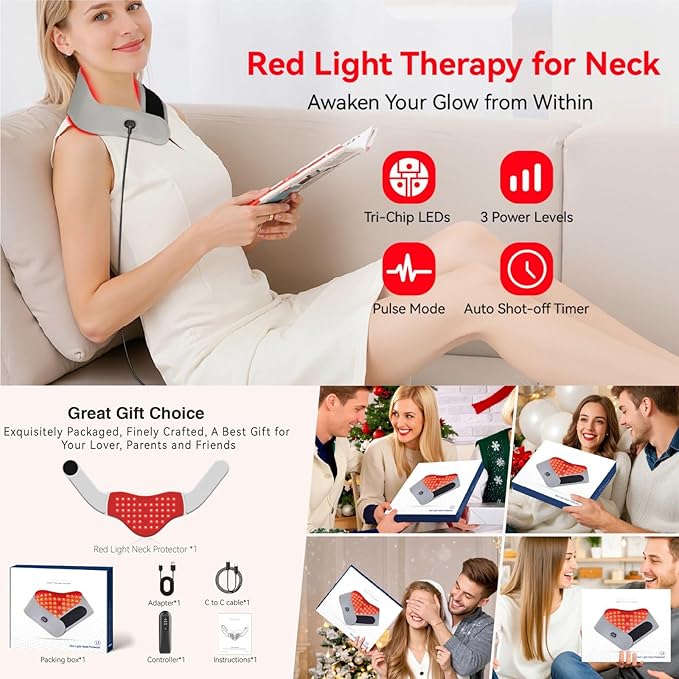 Red Light Therapy Neck Device 49 LED Collar with 660nm Red + 850nm Near Infrared Cordless Rechargeable Non-Heating Wrap for Neck Comfort Muscle Relaxation &amp Daily Wellness UseGray