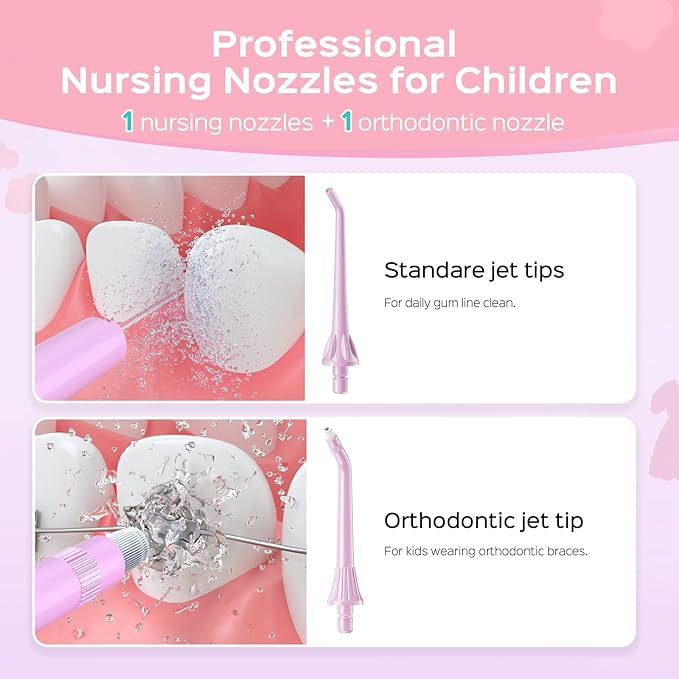 COSLUS C31 Kids Water Dental Flosser Deep Cleaning Picks Portable 4 Modes for Ages 6+ Safe Waterproof Rechargeable with 2 Jet Tips for Gums Care Pink Purple