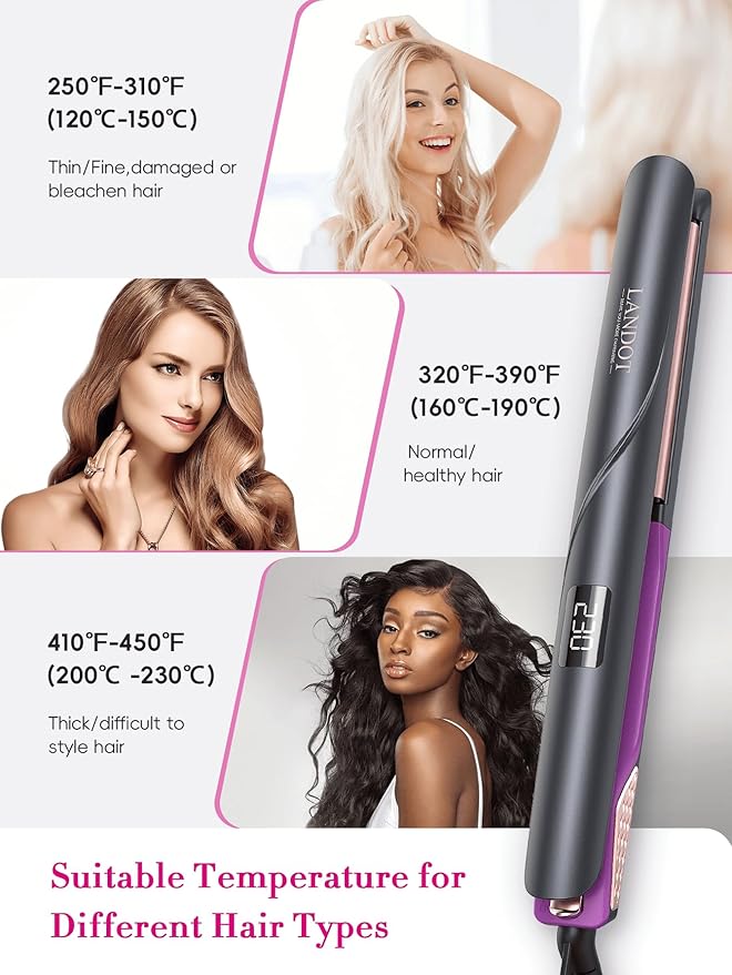 LANDOT Flat Iron Hair Straightener: Ceramic Ionic Straightener for Frizz-Free Shine - Adjustable Temp 250-450F &amp Auto Shut Off + Travel Pouch