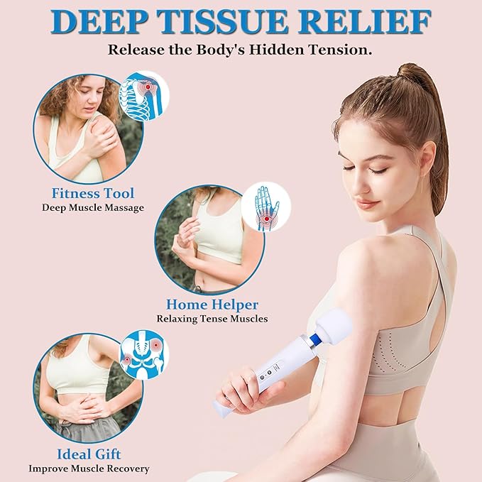 Wand Massager for Women - Cordless High-Frequency Handheld Body Massager with 10 Rhythmic Modes - Ergonomic Back &amp Shoulder Tension Relief - Splash-Proof Personal Wellness Essential(White)