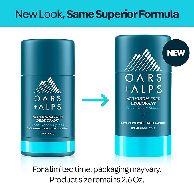 Oars + Alps Aluminum Free Deodorant for Men | Long Lasting Odor Protection Clear &amp Free of White Residue Anti-Chafing Smooth Glide Dermatologist Tested Fresh Ocean Splash 2pk 2.6oz
