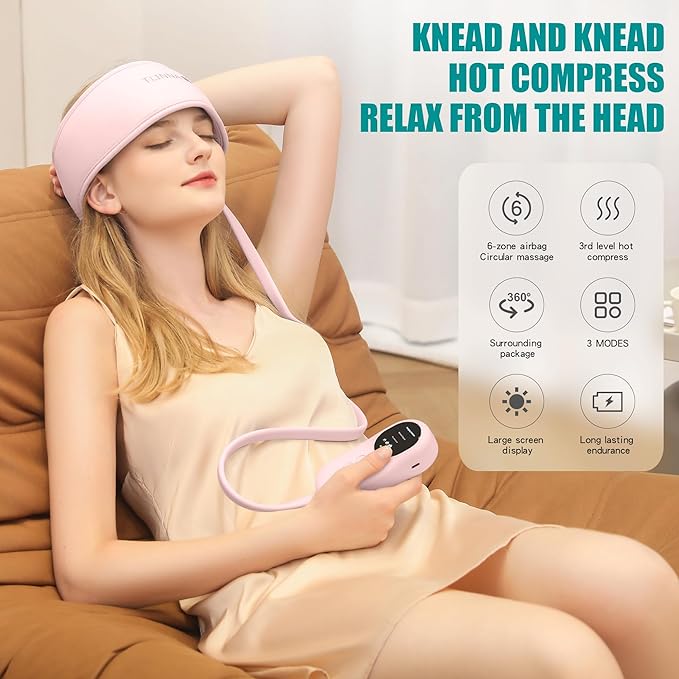 Head MassagerScalp MassagerRelief HeadachesFatigueStressSleep aidHangover with Airbag KneadingConstant Temperature Hot Compress for Head (Pink)