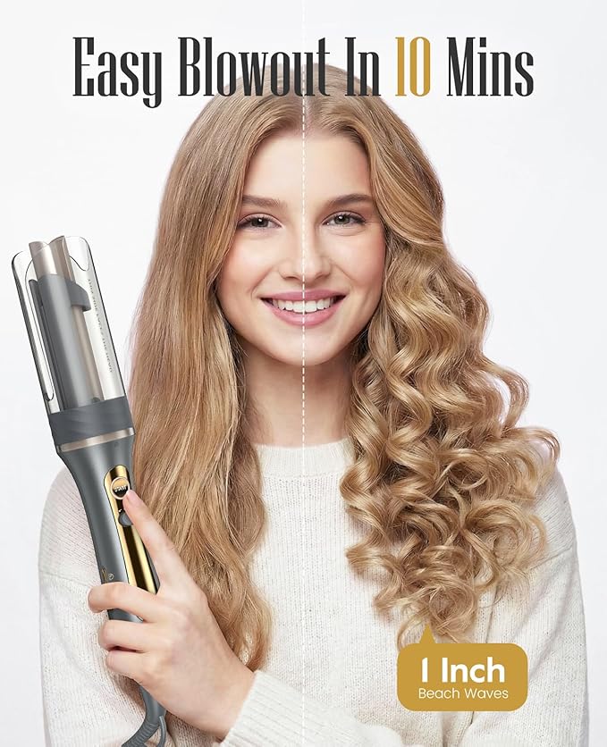 ZAVAREA Automatic Rotating Curling Iron for Long Hair - 1 Inch Curling Wand for Beach Waves &amp Loose Curls Easy Hair Curler for Beginners Anti-Scald &amp Frizz-Free Dual Voltage for Travel