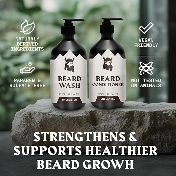 Striking Viking Unscented Beard Wash &amp Conditioner - 10 Fl Oz Pack of 2 - Deep Cleansing Oil Formula - Soothing Softener with Jojoba Oil - Itch-Free Gentle Hydration for Beard Care