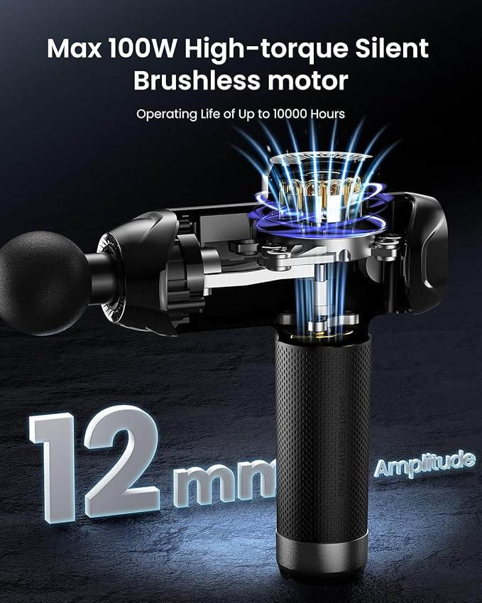 RENPHO Power+ Thermacool Massage Gun with Heat and Cold 12mm Amplitude Deep Tissue Percussion Massager for Professional Athletes App Controlled Guided Courses 6 Speeds 6 Attachments Carry Case