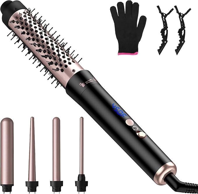 5 in 1 Curling Wand Hair Curling Iron Brush Anti-Tangle HairThermal Brush Curler with 4 Heating Levels 360 Rotatable Cable 5 Interchangeable Barrels