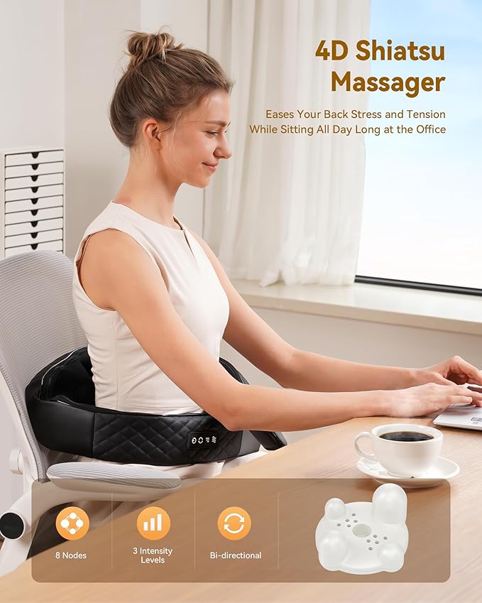 Shiatsu Neck and Back Massager with Heat Neck and Shoulder Massager 4D Deep Tissue Kneading Massage for Leg Full Body Muscle Pain Relief Ergonomic Design Ideal Gifts for Women Men Not Cordless