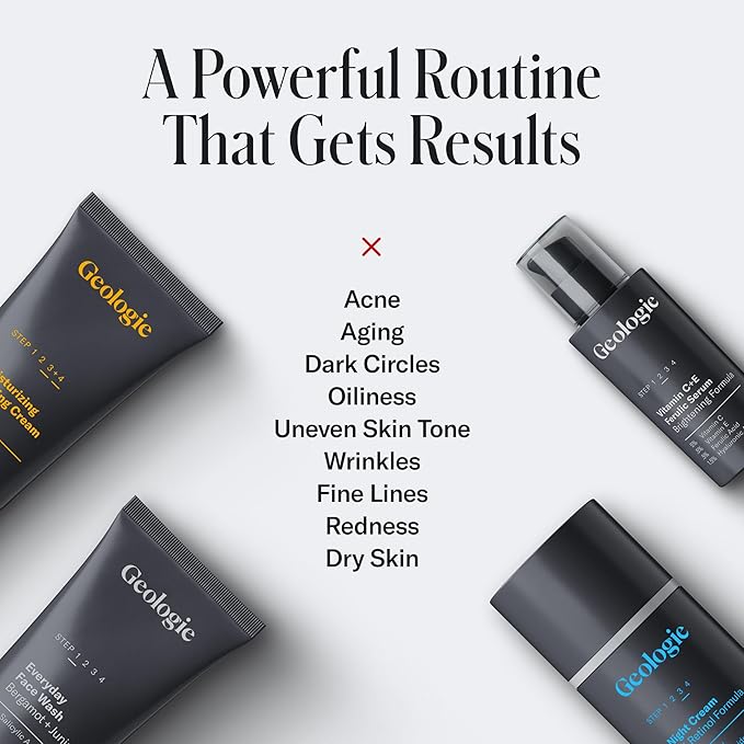 Geologie Skincare Gift Set | 5-Piece Kit Includes 2 Face Washes SPF15 Moisturizer Retinol Cream &amp Vitamin C Serum | Daily Routine for Clear Healthy Skin for Men and Women | Lasts 3 Months