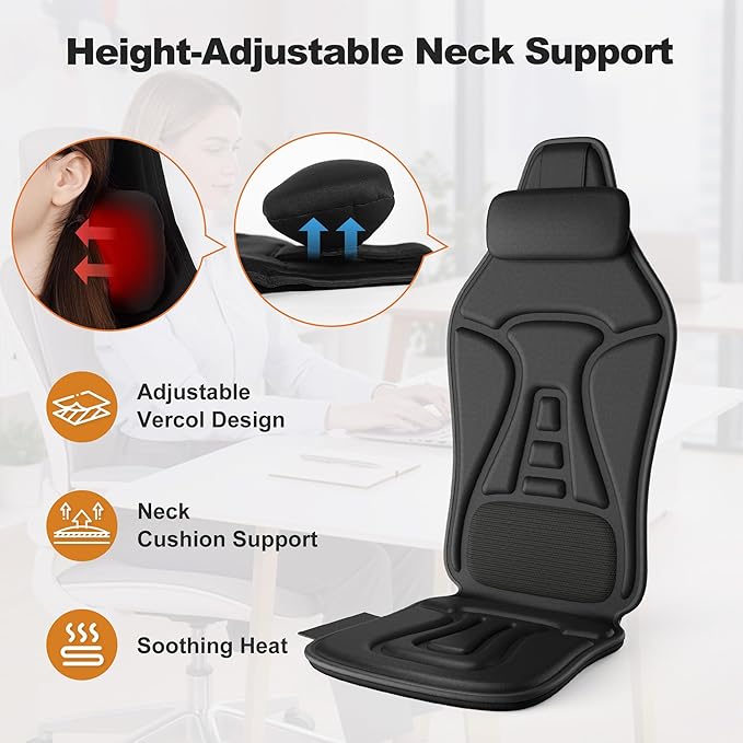 Massage Seat Cushion with Heat Adjustable Neck Support Breathable Lumbar Comfort Gentle Vibration Back Massager for Office &amp Home Chair Relaxation Gift