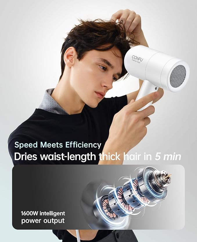 Hair Dryer with Diffuser CONFU Blow Dryer for Curly Hair for Women Men 21000PRM Travel Hair Dryer Portable Lightweight Fast Drying Negative Ion Hairdryer for Home &amp Travel