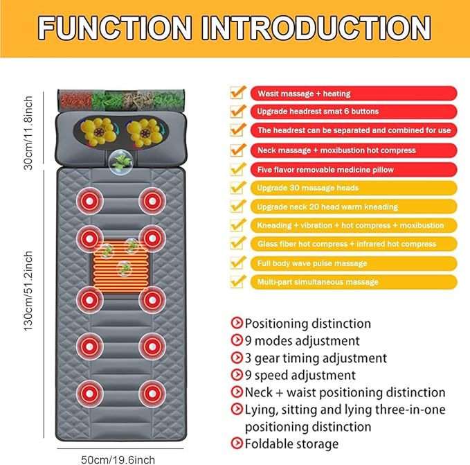 Full Body Massage Mat with Heat 20 Neck Massage HeadsFoot Massager Whole Body Vibration Massage Pad 9 Gear Massage /3 Timing Modes Shiatsu Massage Pad for Back Neck Lumbar Leg Foot