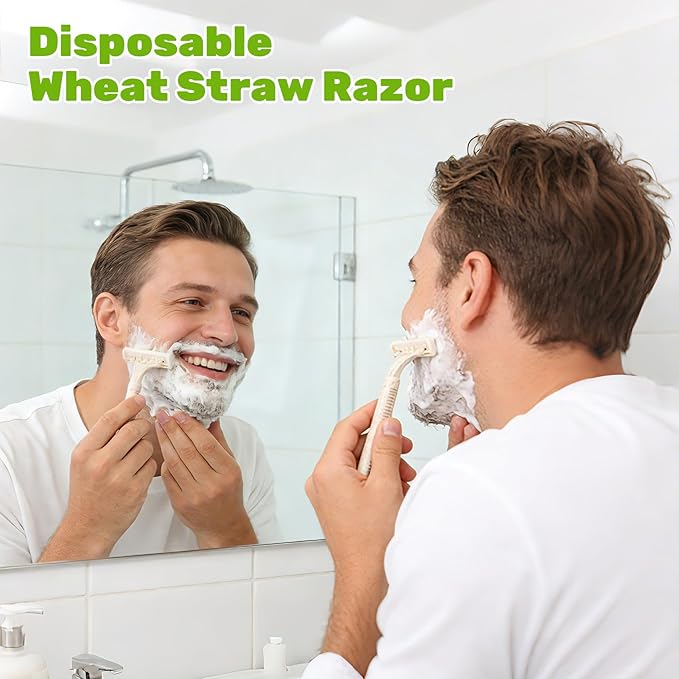Eco-Friendly Wheat Straw Disposable Shave Kit - 50 Pcs Wheat Straw Razors and Shaving Cream(10g) Bulk Individually Sealed for Hotel Airbnb Camping Travel Homeless Shelters and Charities