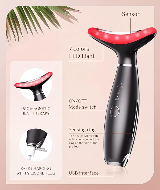 7 Color Galvanic Machines - Red Light Therapy for Face and Neck Face Massager Tool for Wrinkles Double Chin Vibrating Facial Massager with Thermals Black