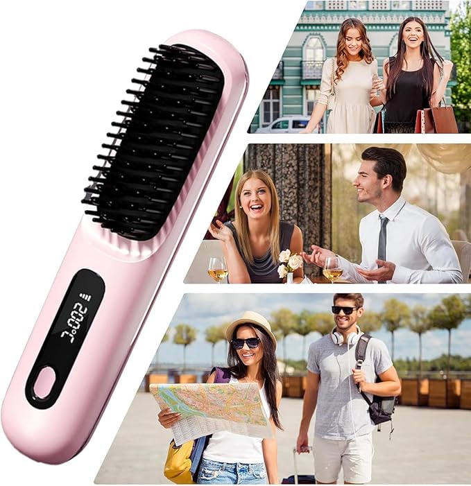 Cordless Portable Hair Straightener Brush Mini Hair Straightener Brush with LCD Temper Ature Display 3 Adjustable Temperatures Rechargeable Heating for Home Travel and Morning Rush (Blue)
