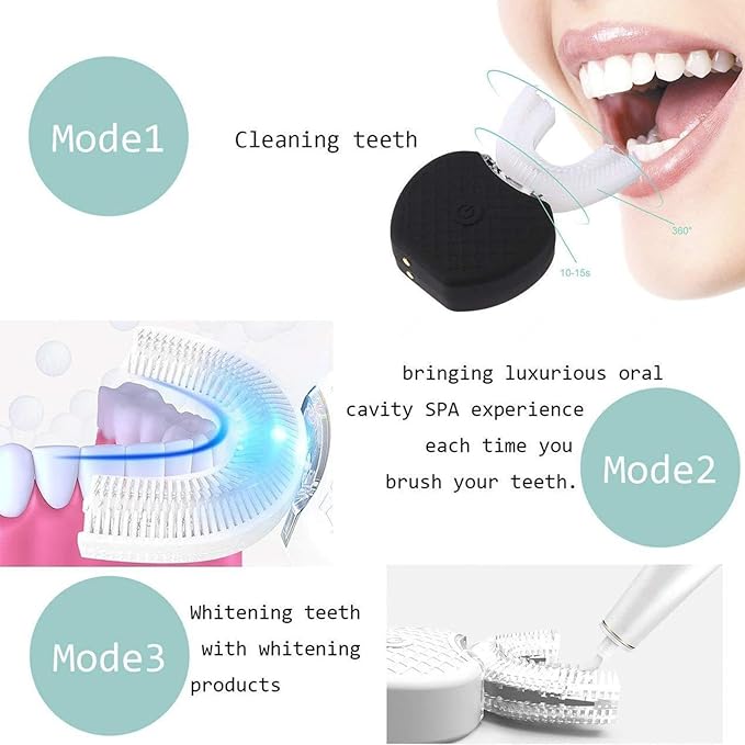 VIDECOR Automatic Electric Toothbrush for Adults 360 Degree Ultrasonic Electric Toothbrush 100% Food Graded Silicone Electric Travel U Shape ToothbrushPink