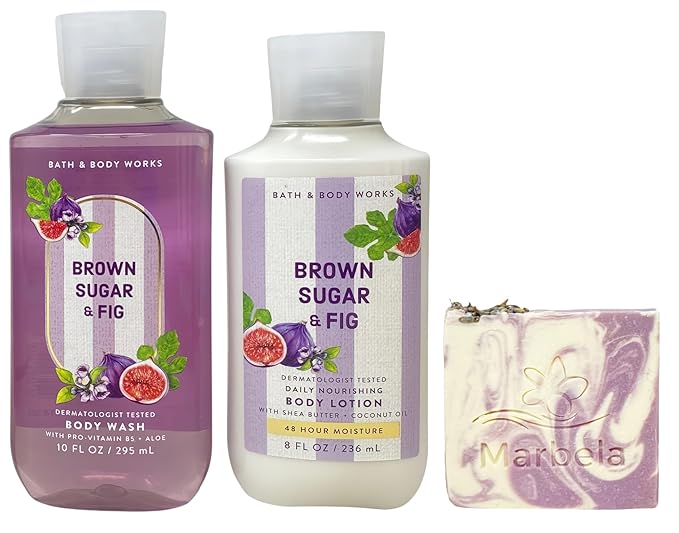 Bath &amp Body Works Brown Sugar &amp Fig Body Wash and Daily Nourishing Body Lotion with a Lavender Dream Bar Soap