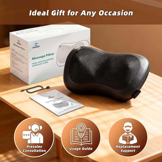 Zenopax Shiatsu Neck and Back Massager with Heat 3D Deep Tissue Kneading Cordless Rechargeable Electric Massage Pillow for Muscle Pain Relief Use at Home Car Office Gifts for Men Women