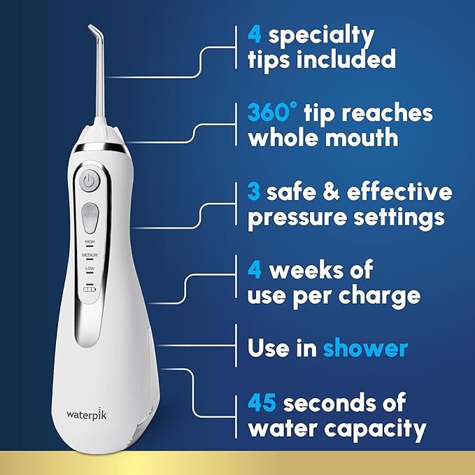 Waterpik Cordless Advanced 2.0 Water Flosser For Teeth Gums Braces Dental Care With Travel Bag and 4 Tips ADA Accepted Rechargeable Portable and Waterproof White WP-580 Packaging May Vary