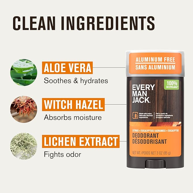 Every Man Jack Citrus + Eucalyptus Men’s Deodorant - Stay Fresh with Aluminum Free Deodorant For all Skin Types - Odor Crushing Long Lasting with Naturally Derived Ingredients - 3oz (3-Pack)