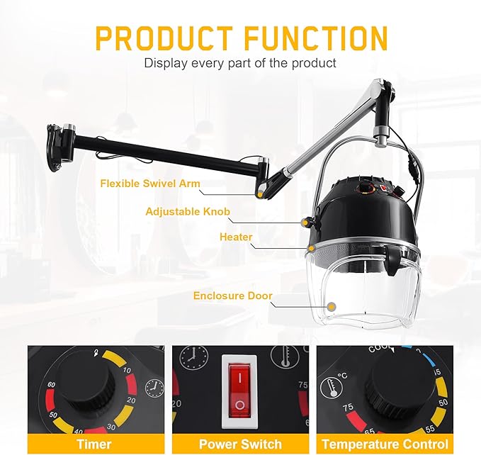 Wall Mounted Hair Hood Dryer with Swivel Arm – 900W Salon Hair Dryer with Adjustable Timer &amp Temperature Control – Space-Saving Design for Home &amp Professional Salons