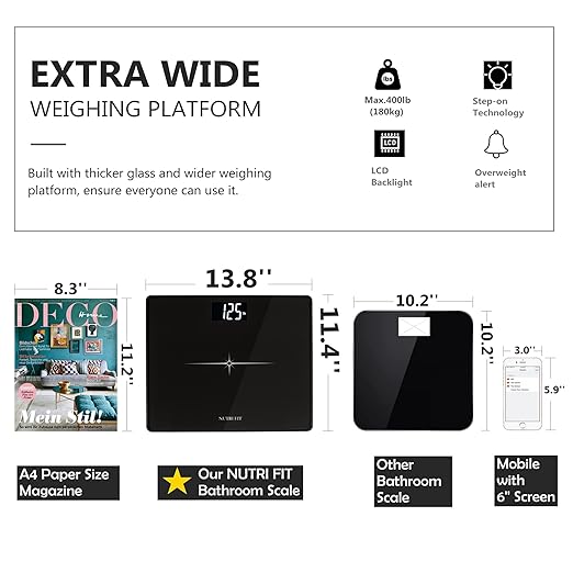 NUTRI FIT Extra-Wide/Ultra-Thick Digital Body Weight Bathroom Scale with 3 Inch Large Easy Read Backlit LCD Display Max Capacity 400lb Step-on Technology Black
