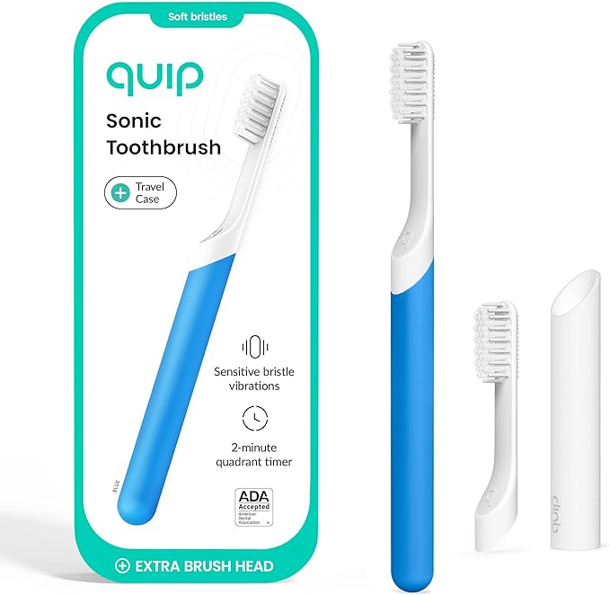 Quip Sonic Electric Toothbrush for Adults - Time Travel &amp Soft Bristles with Travel Case &amp Replacement Brush Head - 3 Month Battery Life Plastic Handle - Blue