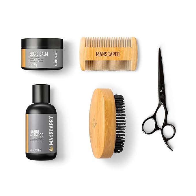 MANSCAPED® Beard Care Kit Includes UltraPremium Moisturizing Beard Shampoo &amp Balm Soft Brush Comb &amp Precision Scissors for Grooming &amp Trimming Facial Hair