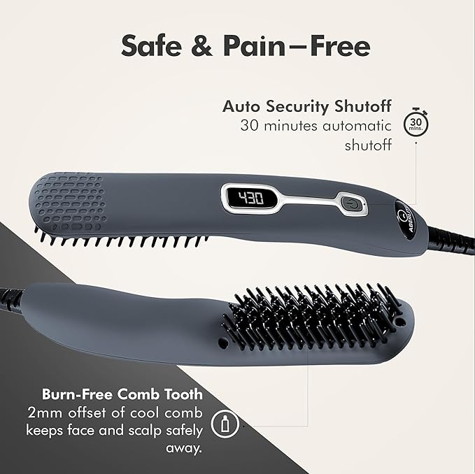 Aberlite EDC - Premium Beard Straightener Brush - Professional Heated Straightening Comb and Grooming Kit for Men (Gray)