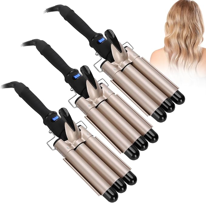Three Barrel Curling Iron 30 Seconds Hair Waver Waving Styling Hair Curling Iron Gold 3 Barrel Hair Waver Compatiable for Thick and Hard Hair (US32mm)