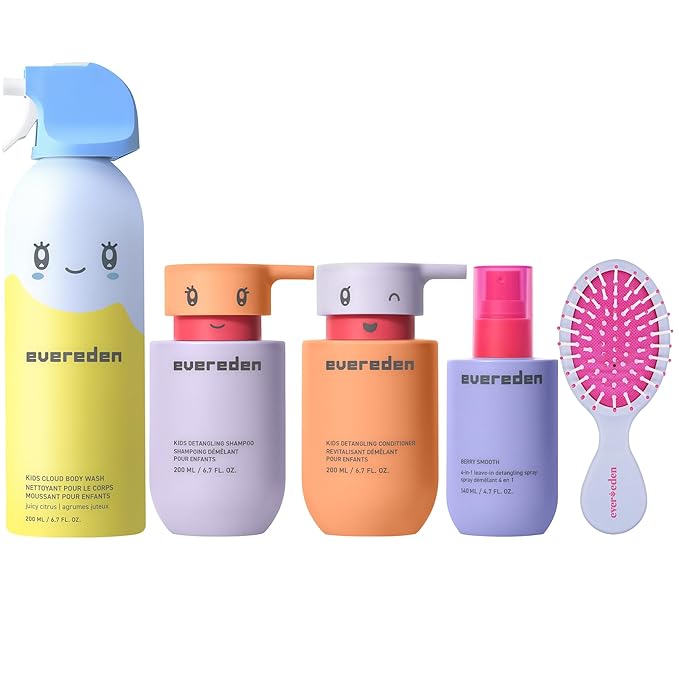 Evereden Kids Cloud Body Wash (6.7 fl. oz. Juicy Citrus) &amp Hair Care Set - Detangling Shampoo Conditioner Spray &amp Brush | Protein Peptides &amp Argan Oil - Sulfate &amp Paraben-Free | Chi