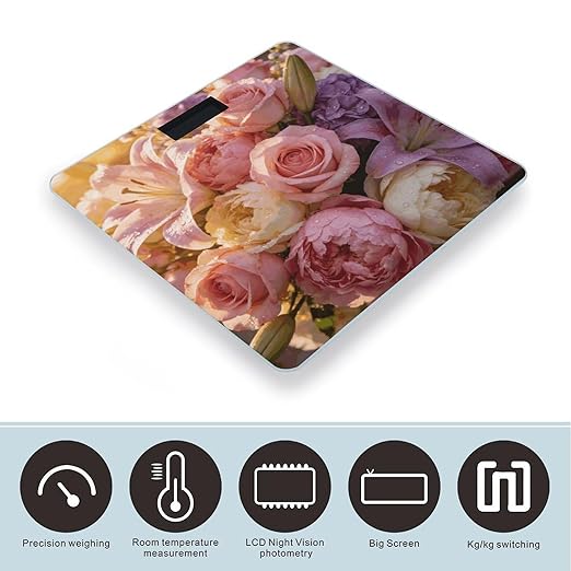 Aesthetic Flowers Weight ScaleClear LED Display Bathroom Digital Weighing ScaleTempered Glass Digital Bathroom Scale for Body Weight Capacity Up to 400 Lbs