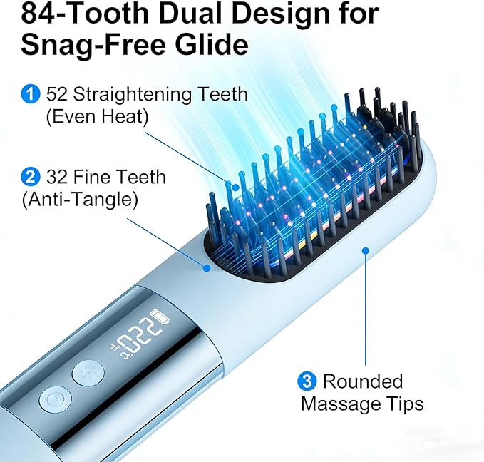 2026 Portable Straightener Brush for Short HairShort Hair Styling ToolsUSB Rechargeable Portable Wireless Hair Straightening Brush3 Heat Settings &amp Led Screen for Travel (Blue)