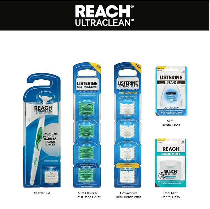 Reach Ultraclean Access Flosser Bundle Mint Plaque Remover for Teeth for Hard to Reach Areas Oral Care PFAS-Free 1 Flosser Starter Kit + 3 Packs Refill Heads
