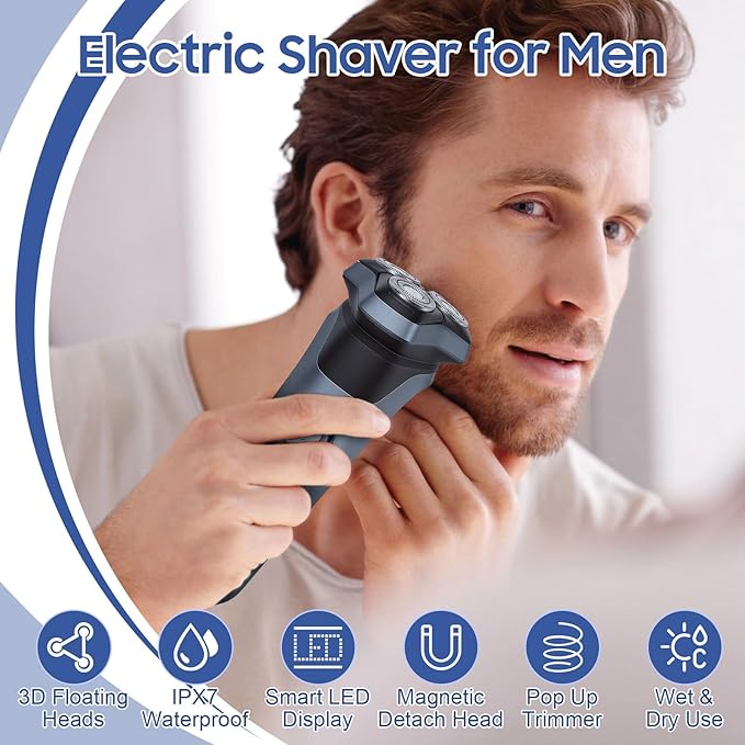 Electric Shaver for Men Cordless Electric Shaver for Men Face with 3D Floating Heads Rechargeable Bald Head Shavers for Mens Ipx7 Waterproof Body for Mens with LED Display Wet &amp Dry Use